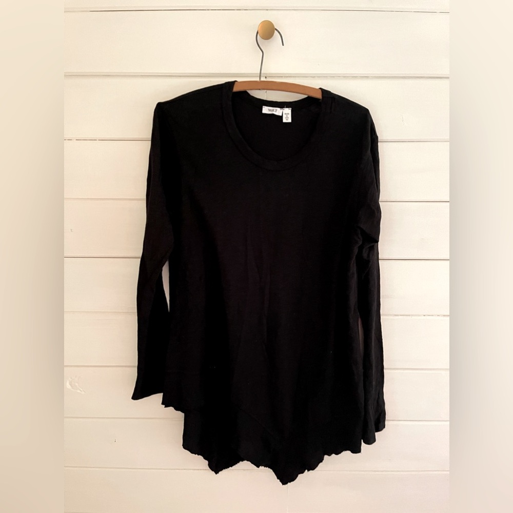 WILT Top Women XS V-Neck Cotton Asymmetrical Hem Slouch Boyfriend Black L/S USA